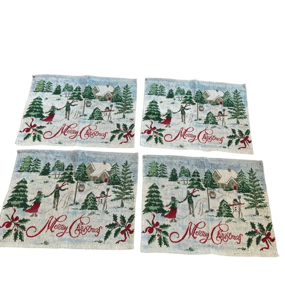 Christmas Tapestry Placemats(4) & Table Runner Winter Scene Snowman Holiday